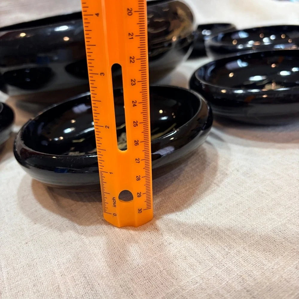 Vintage Japanese Black‎ Lacquerware Bowl Set 7pc Mt Fuji Pagoda Gold Landscape